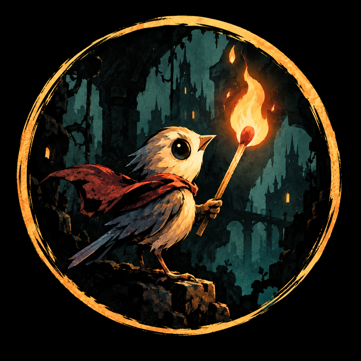 Original site illustration of a bird holding a burning match